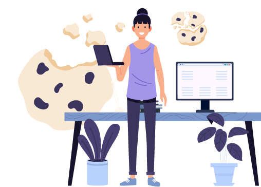 A woman holding a laptop standing in front of her desk with huge cookies flying in the background
